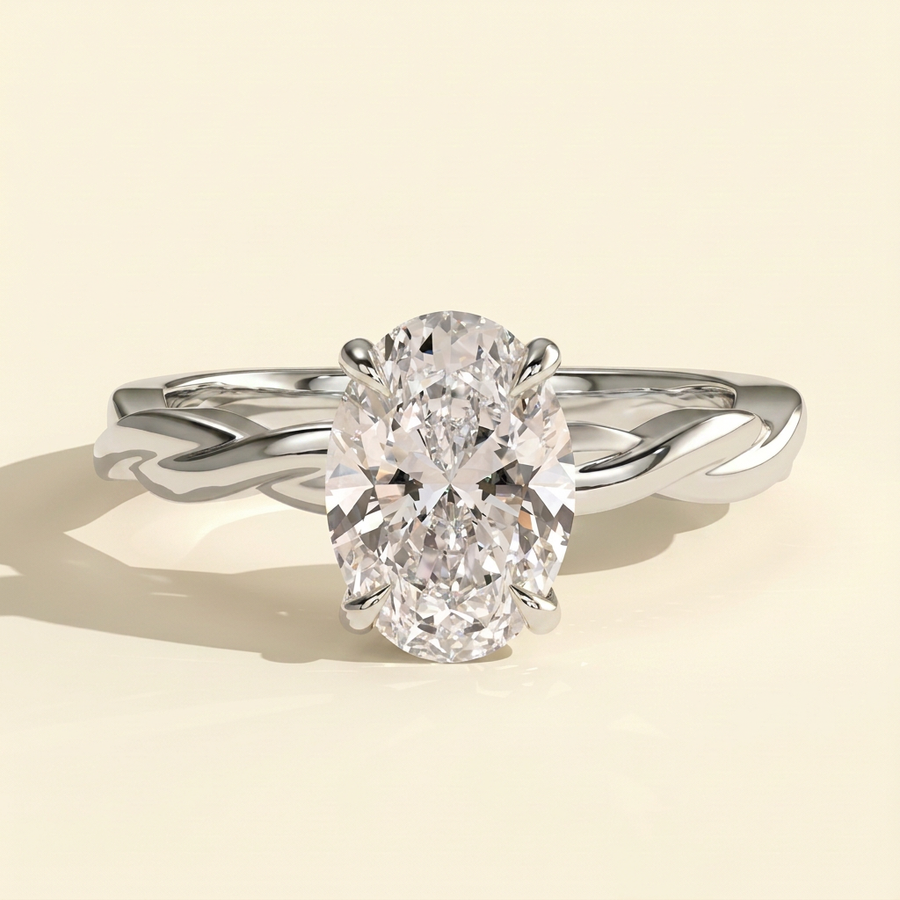 The Quiara - Oval Cut Lab Grown Diamond Hidden Halo Solitaire with Twisted Band Engagement Ring - White Gold