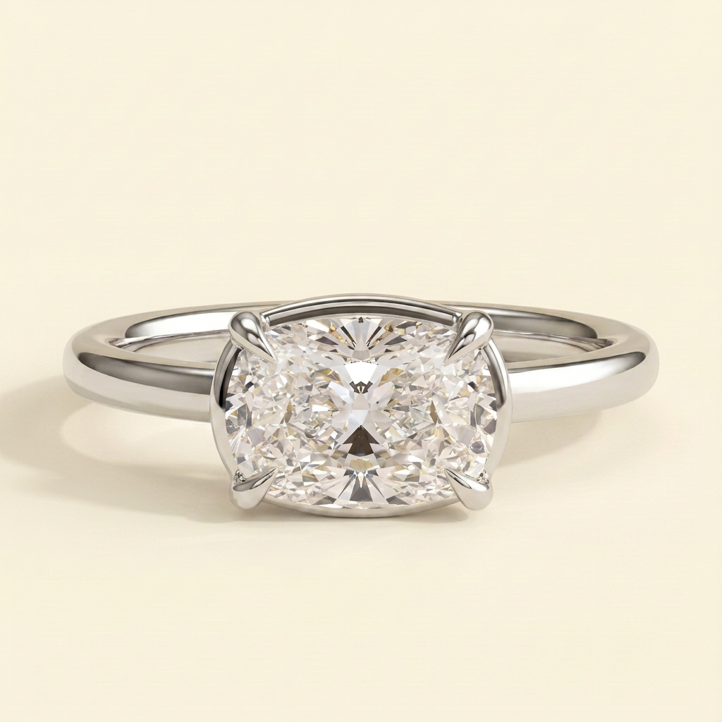 The Vera - East West Elongated Cushion Cut Lab Diamond Solitaire with Bezel Frame Ring