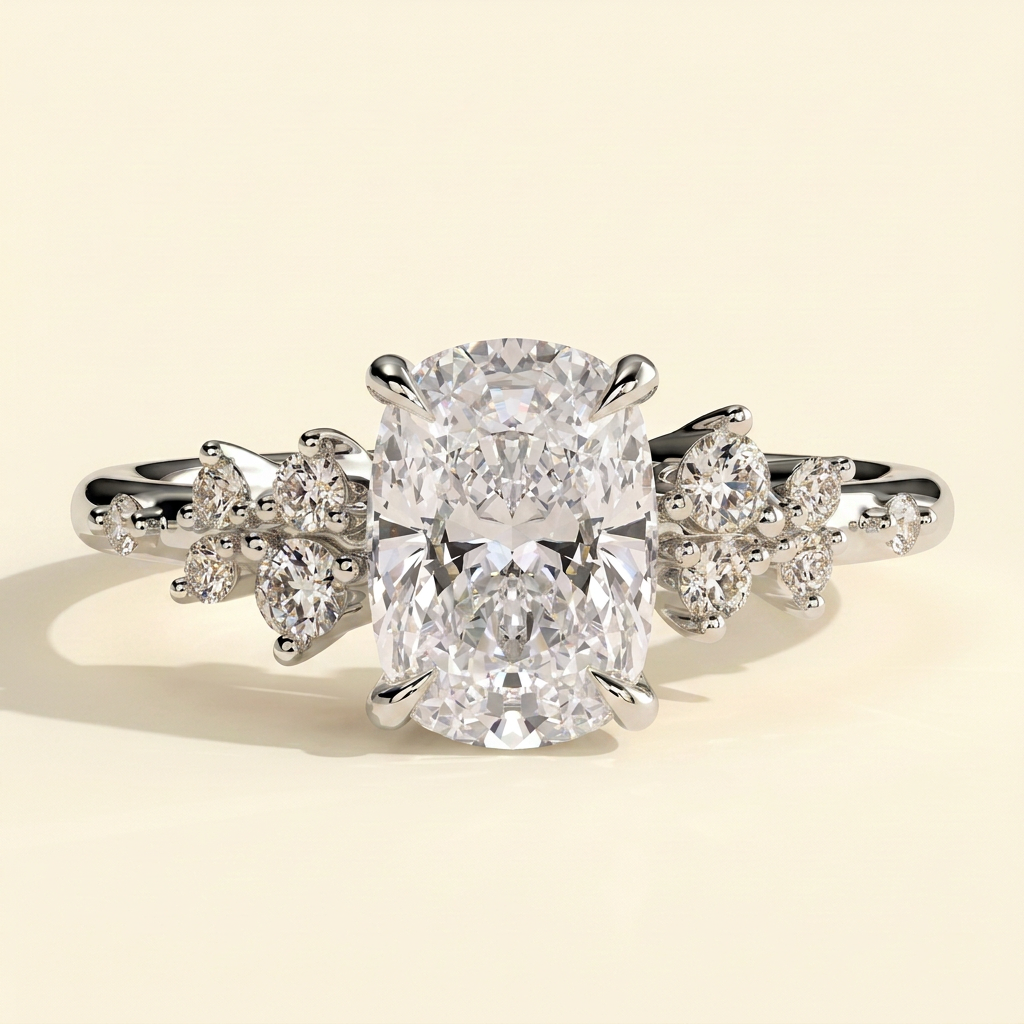 The Oriana - Elongated Cushion Cut Lab Grown Diamond Solitaire with Clustered Round Shoulder Stones Engagement Ring