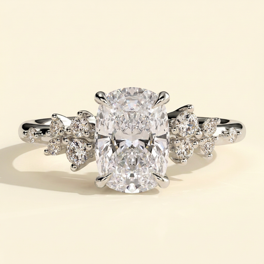 The Oriana - Elongated Cushion Cut Lab Grown Diamond Solitaire with Clustered Round Shoulder Stones Engagement Ring - White Gold