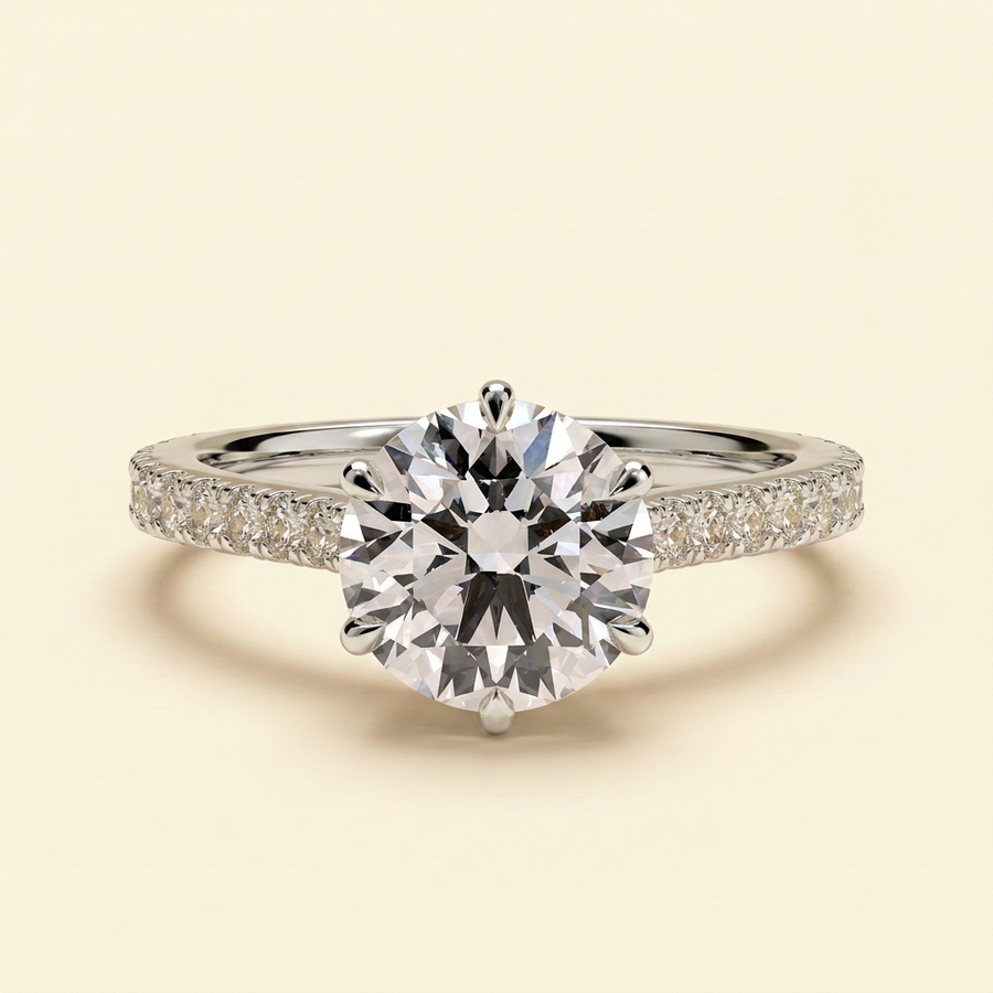The Malia - Round Cut Lab Grown Diamond Six Claw Cathedral Solitaire with Pave Band Engagement Ring - White Gold