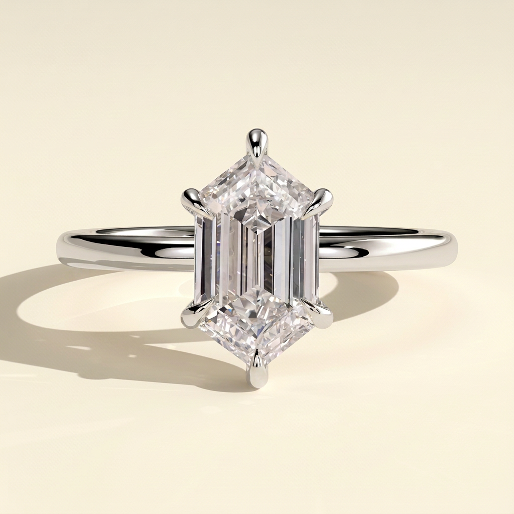 The Evina - Elongated Hexagon Cut Lab Grown Diamond Solitaire with Hidden Halo Engagement Ring