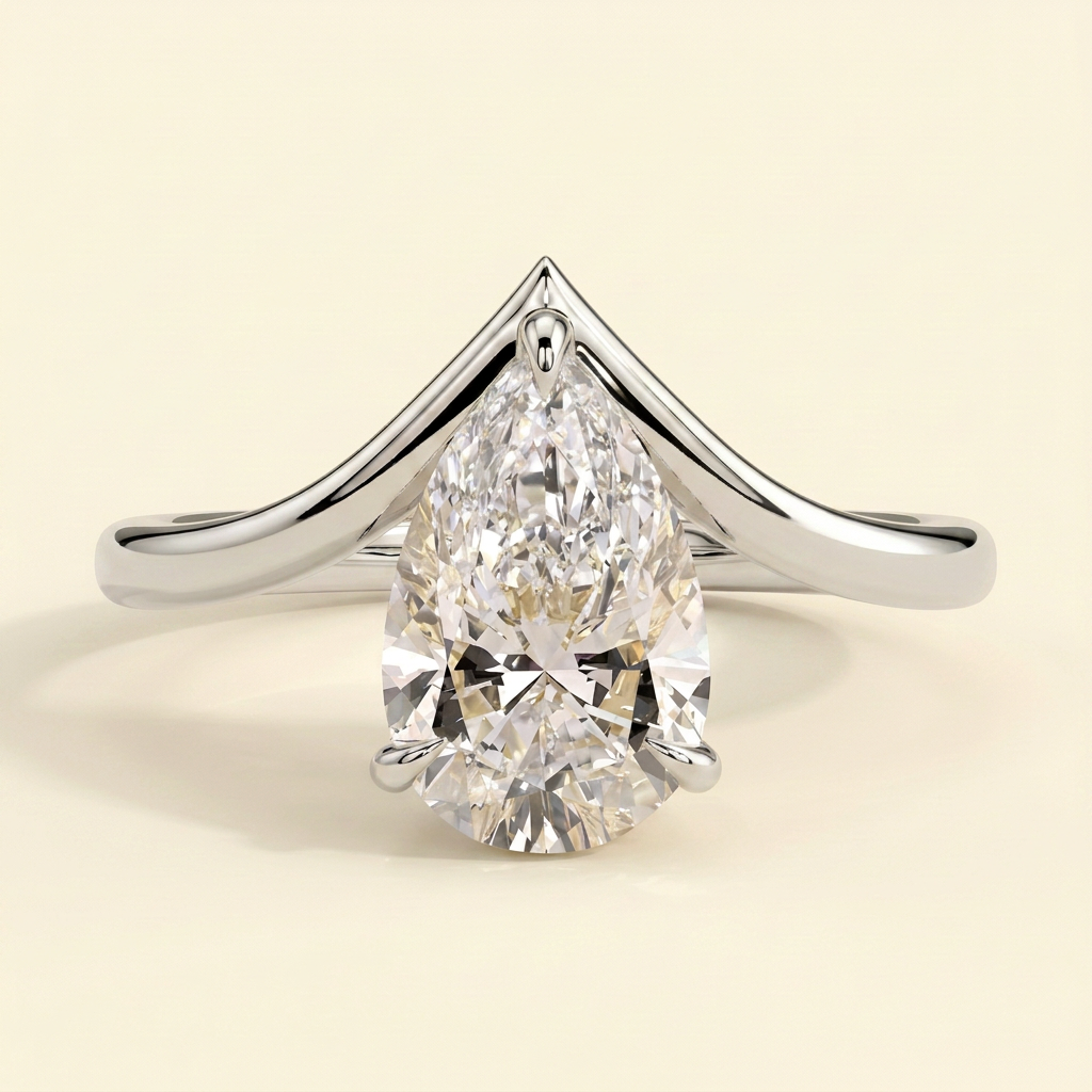The Halina - Pear Cut Lab Grown Diamond Solitaire with Curved V Band Engagement Ring