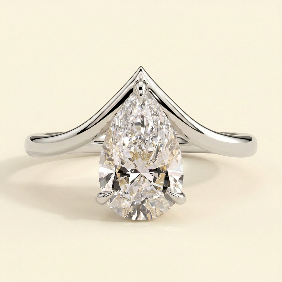 The Halina - Pear Cut Lab Grown Diamond Solitaire with Curved V Band Engagement Ring - White Gold