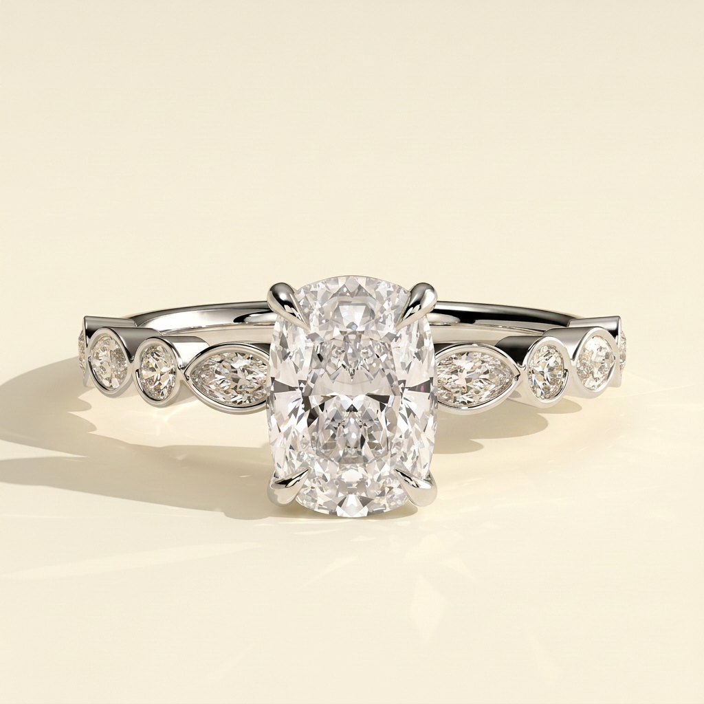 The Lucia - Elongated Cushion Lab Diamond Solitaire with Round-Marquise Bezel Accent Stones Ring