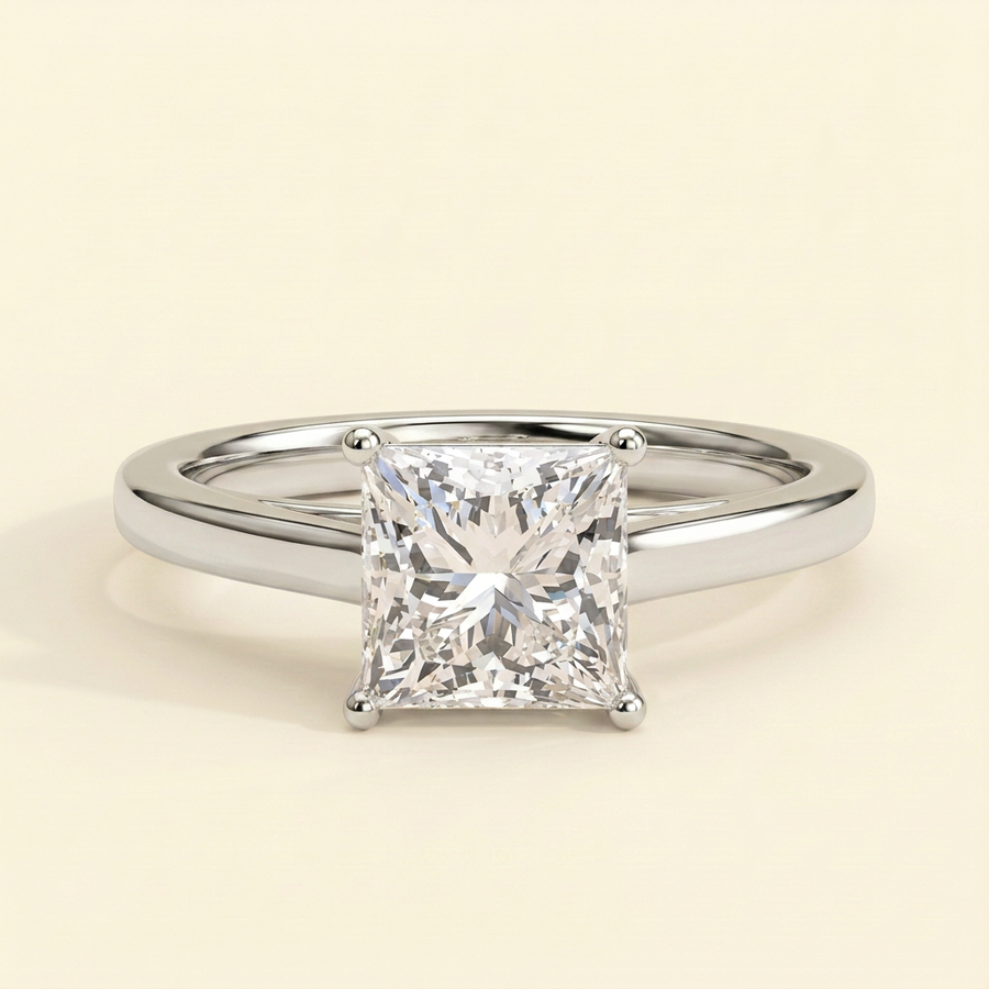 The Monelle - Princess Cut Lab Grown Diamond Four Claw Cathedral Solitaire Engagement Ring - White Gold