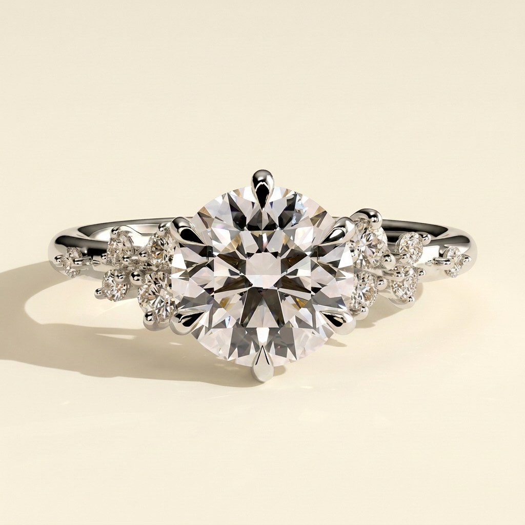 The Zephyra - Round Cut Lab Grown Diamond Basket Set Solitaire with Clustered Round Shoulder Stones Engagement Ring