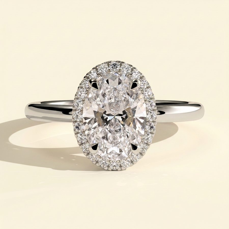 The Sonelle - Oval Cut Lab Grown Diamond Four Claw Halo Engagement Ring - White Gold