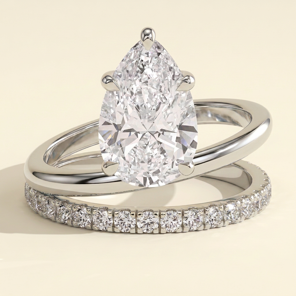 The Teila - Pear Cut Lab Grown Diamond Double Band Engagement Ring with Pave
