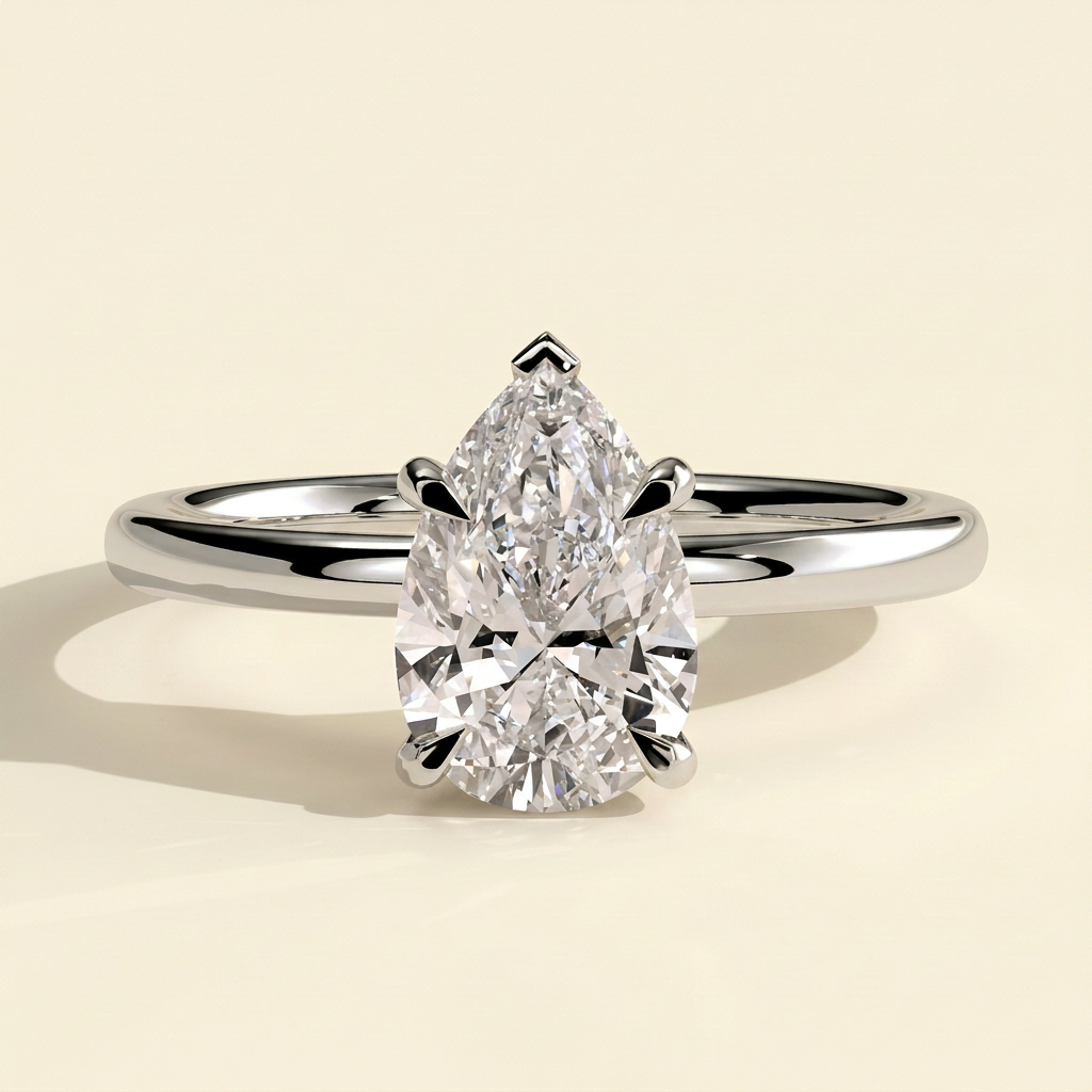 The Juna - Pear Cut Lab Grown Diamond Five Claw Low Set Solitaire with Hidden Halo Engagement Ring