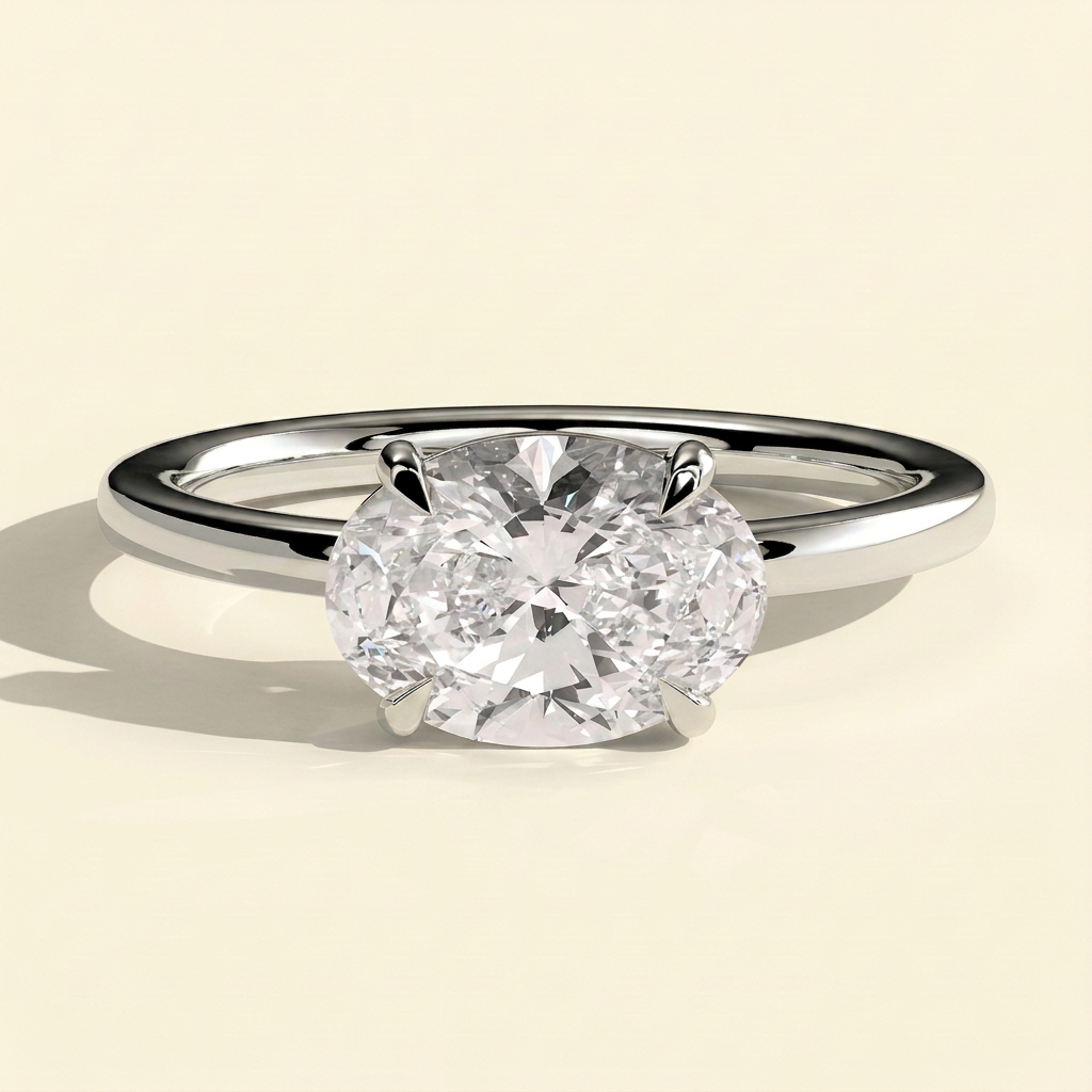 The Myra - Oval Cut Lab Grown Diamond East West Claw Set Solitaire with Raised Gallery Engagement Ring