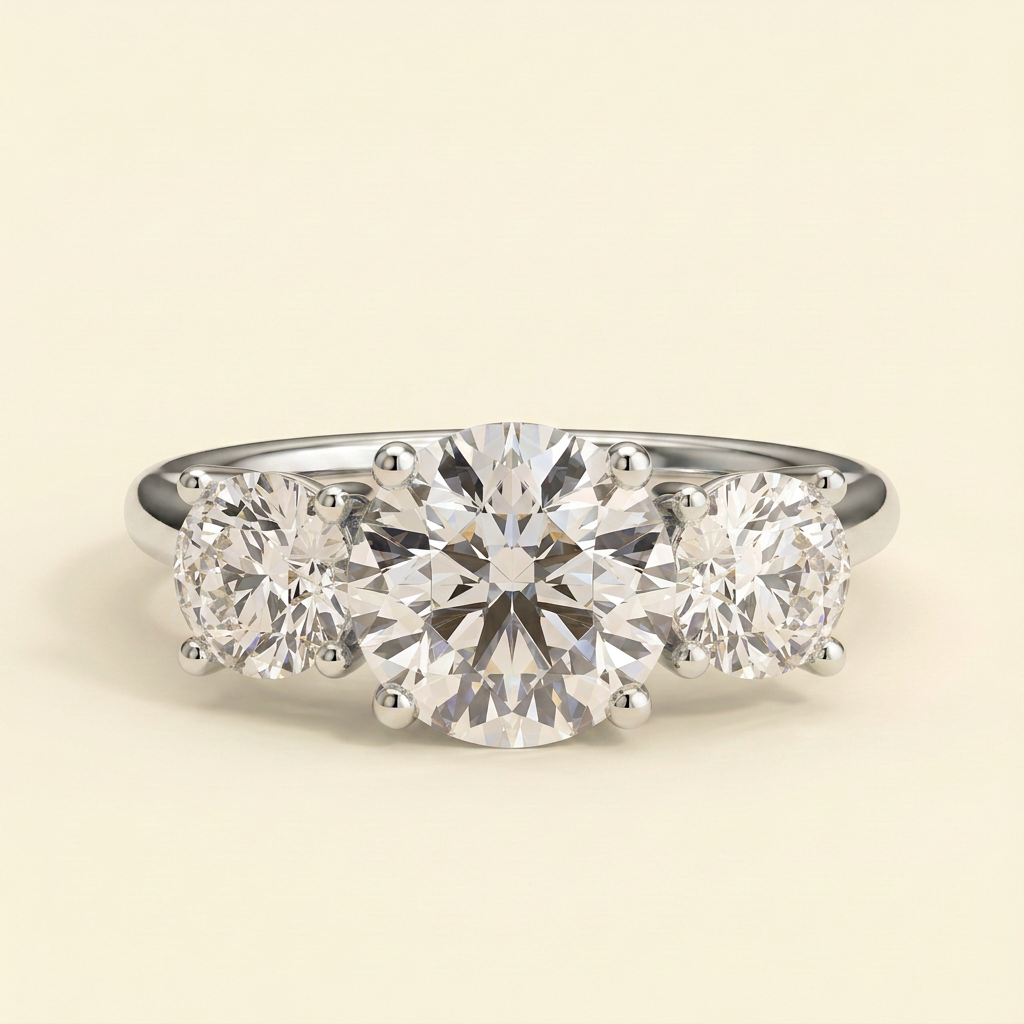The Soline - Round Cut Lab Grown Diamond Claw Set Three Stone with Round Side Stones Engagement Ring