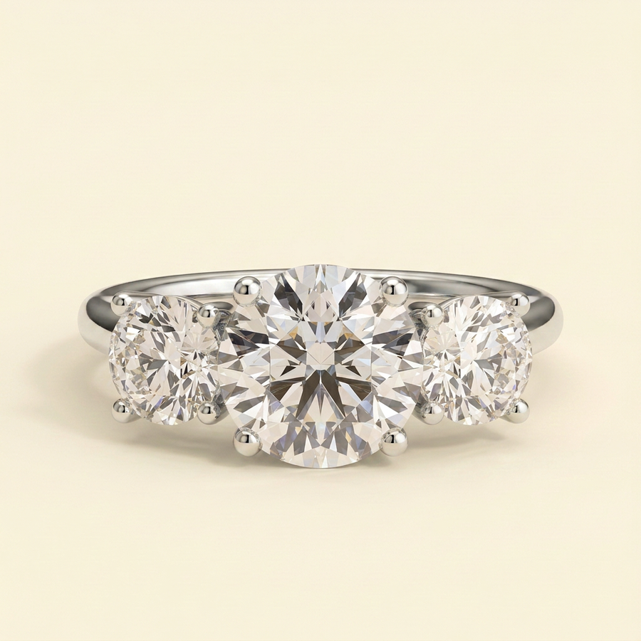 The Soline - Round Cut Lab Grown Diamond Claw Set Three Stone with Round Side Stones Engagement Ring - White Gold