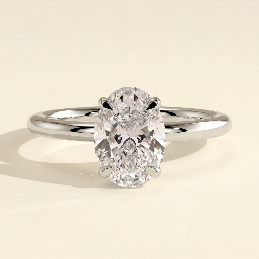 The Vela - Four Claw Oval Cut Lab Grown Diamond Hidden Halo Engagement Ring