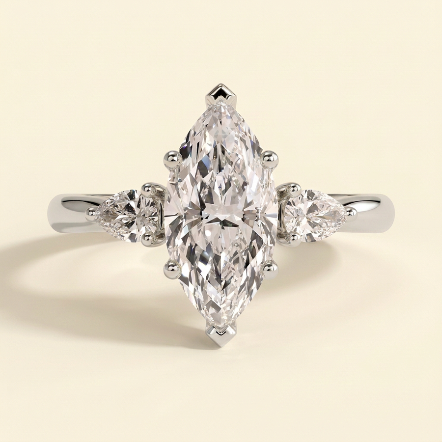 The Belaria - Marquise Cut Lab Grown Diamond Three Stone Engagement Ring with Pear Side Stones - White Gold