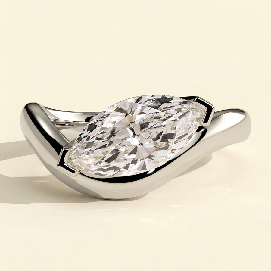 The Dalia - East West Marquise Cut Lab Grown Diamond V Claw Solitaire with Curved Wave Band Engagement Ring - White Gold