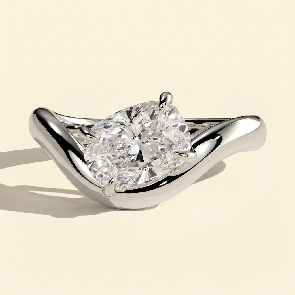 The Aelora - Elongated Cushion Cut Lab Grown Diamond East West Solitaire with Wave Band Engagement Ring