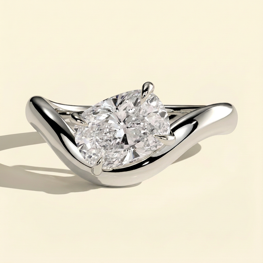 The Aelora - Elongated Cushion Cut Lab Grown Diamond East West Solitaire with Wave Band Engagement Ring - White Gold