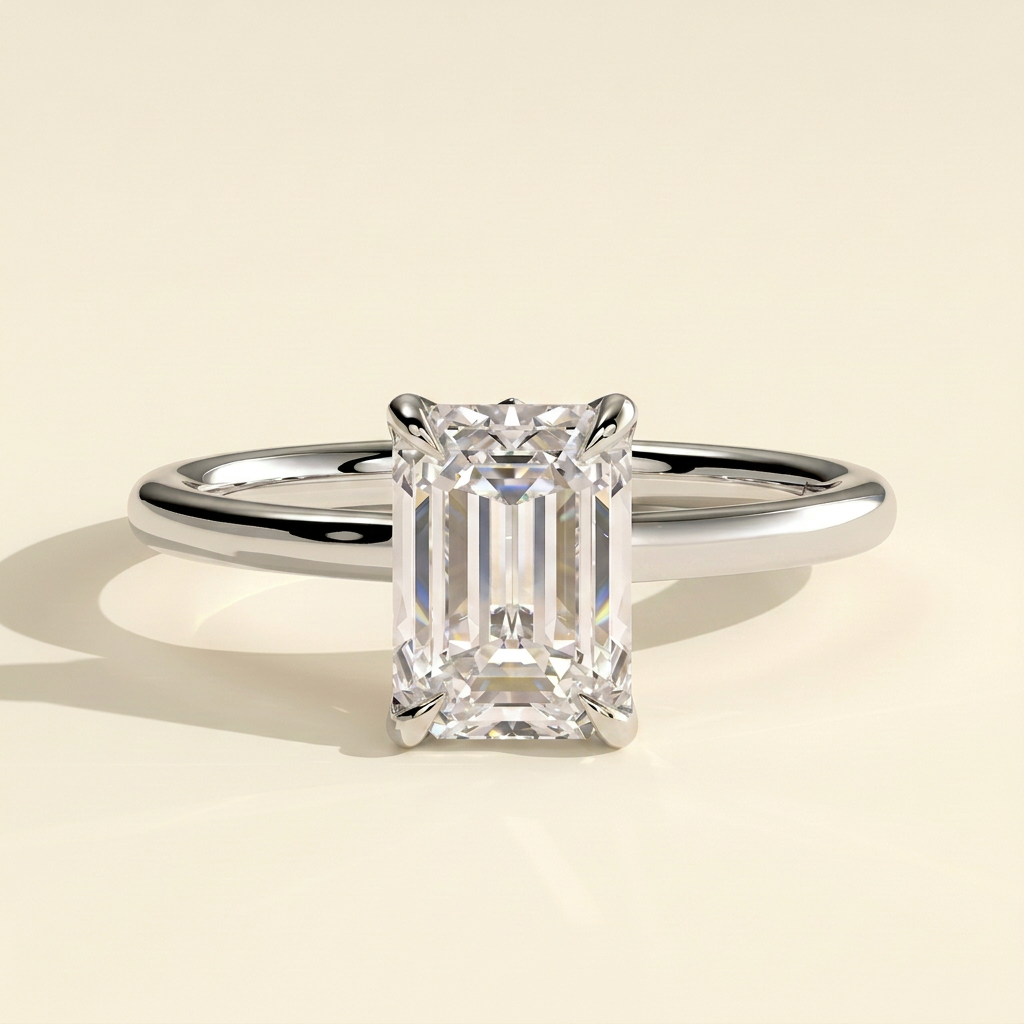 The Luvelle - Emerald Cut Lab Grown Diamond Claw Solitaire with Petal Gallery and Accent Leaf Detail Engagement Ring