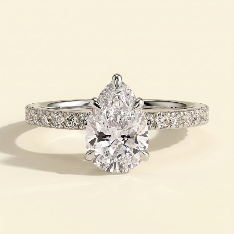 The Vita - Pear Cut Lab Grown Diamond Hidden Halo Engagement Ring with Pave Band - White Gold