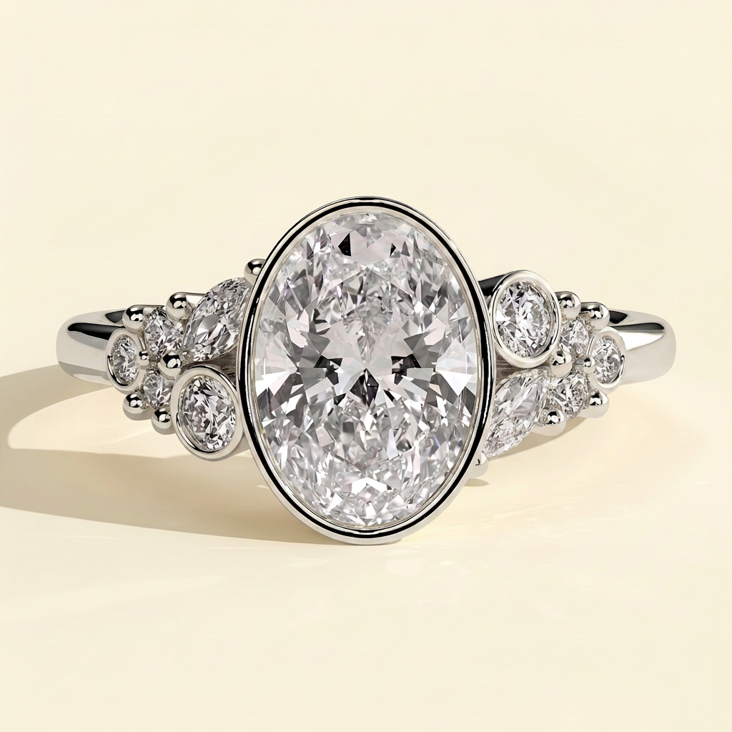 The Gemelle - Oval Cut Lab Grown Diamond Bezel Set Engagement Ring with Clustered Shoulder Accents