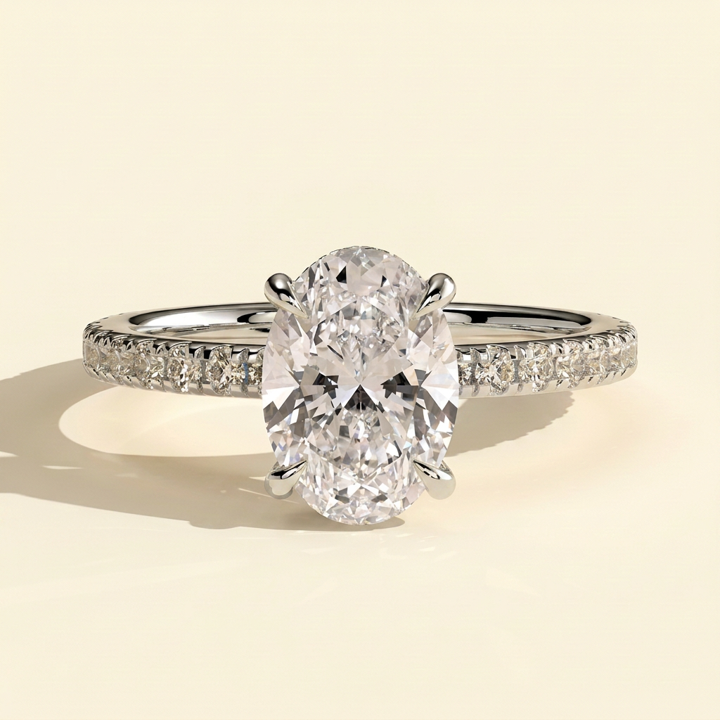 The Finelle - Oval Cut Lab Grown Diamond Solitaire with Wrap Around Hidden Halo Ring