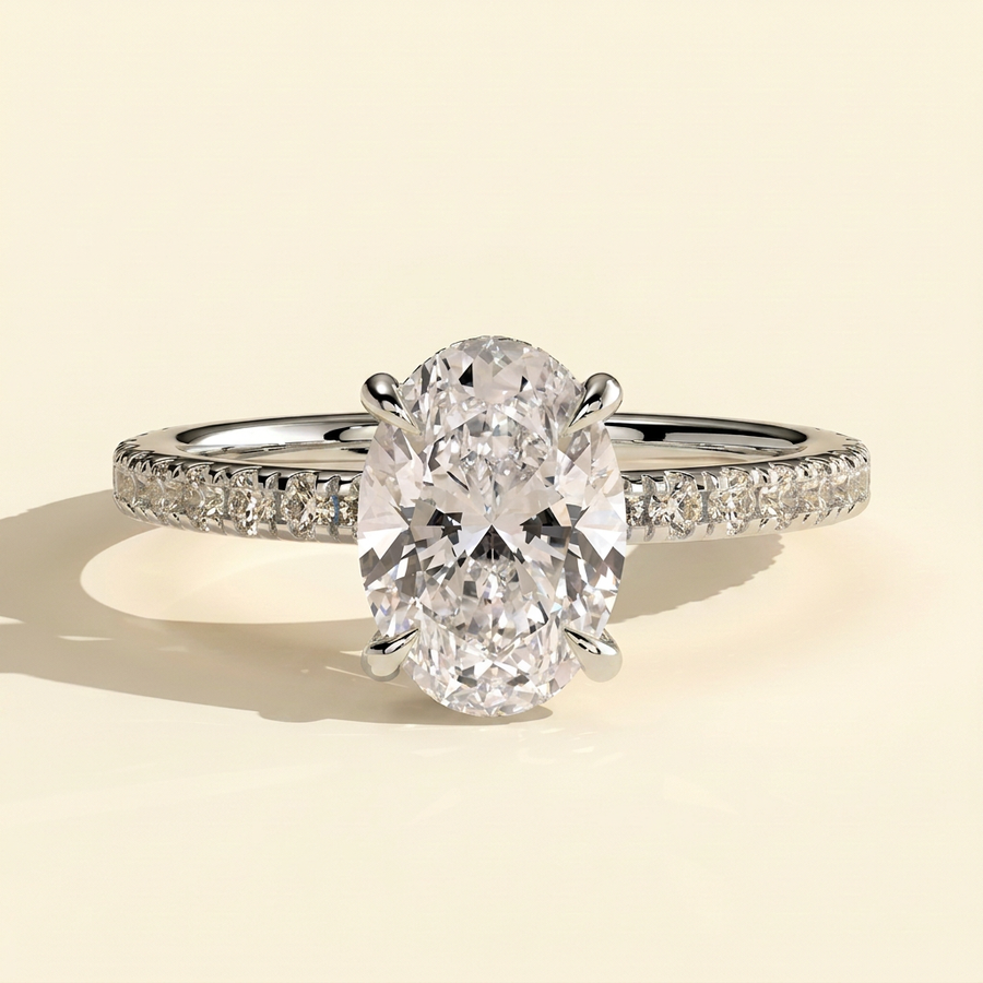 The Finelle - Oval Cut Lab Grown Diamond Solitaire with Wrap Around Hidden Halo Ring - White Gold