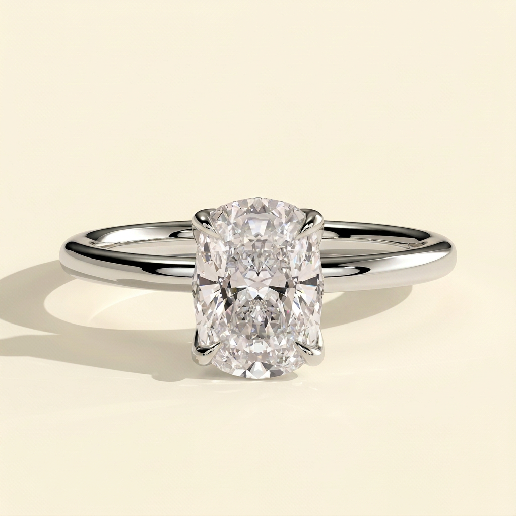 The Cerine - Elongated Cushion Cut Lab Grown Diamond Solitaire with Petal Gallery and Tiara Detail Engagement Ring