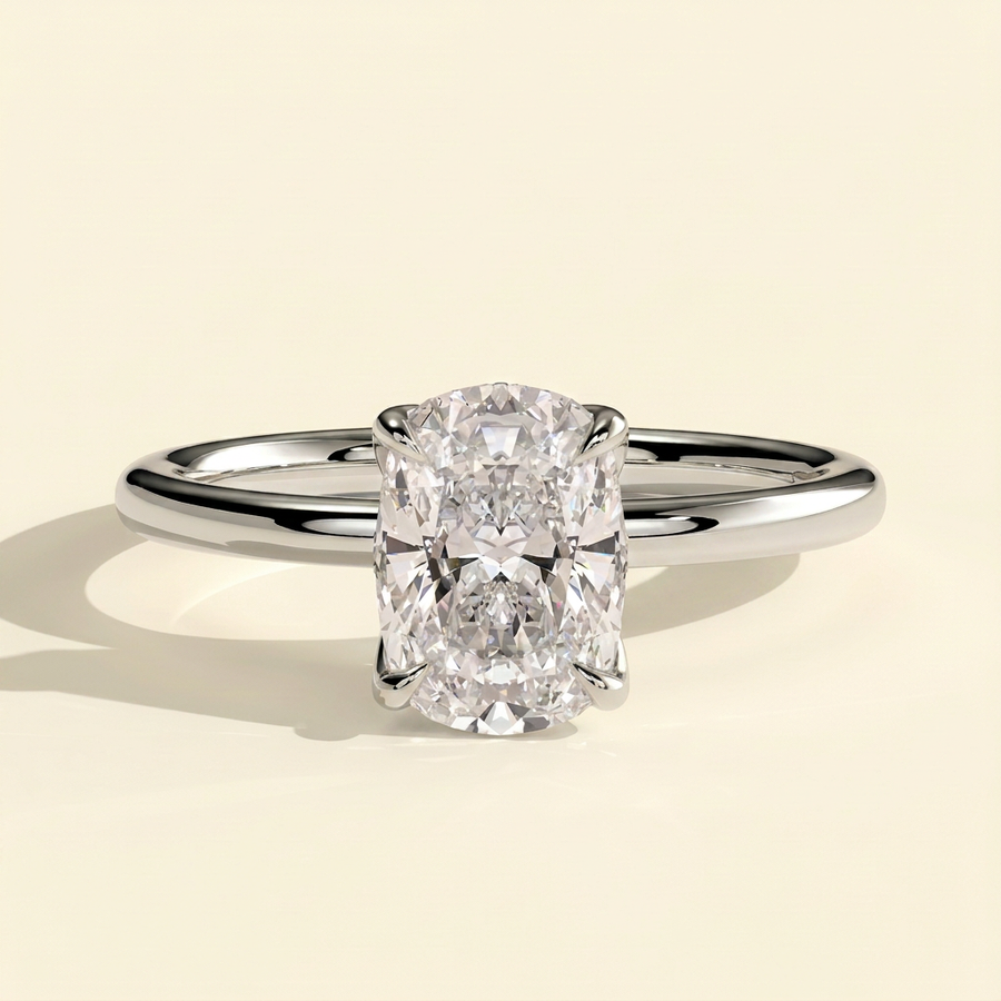 The Cerine - Elongated Cushion Cut Lab Grown Diamond Solitaire with Petal Gallery and Tiara Detail Engagement Ring - White Gold