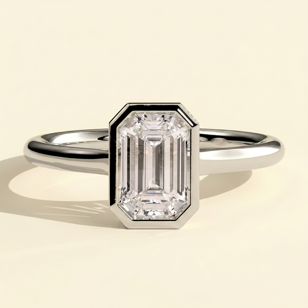 The Helia - Emerald Cut Lab Grown Diamond Bezel Set Solitaire with Open Cathedral Engagement Ring