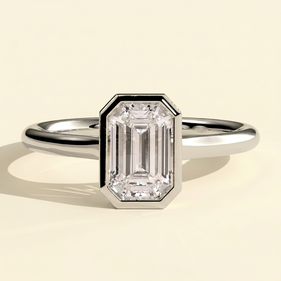 The Helia - Emerald Cut Lab Grown Diamond Bezel Set Solitaire with Open Cathedral Engagement Ring - White Gold