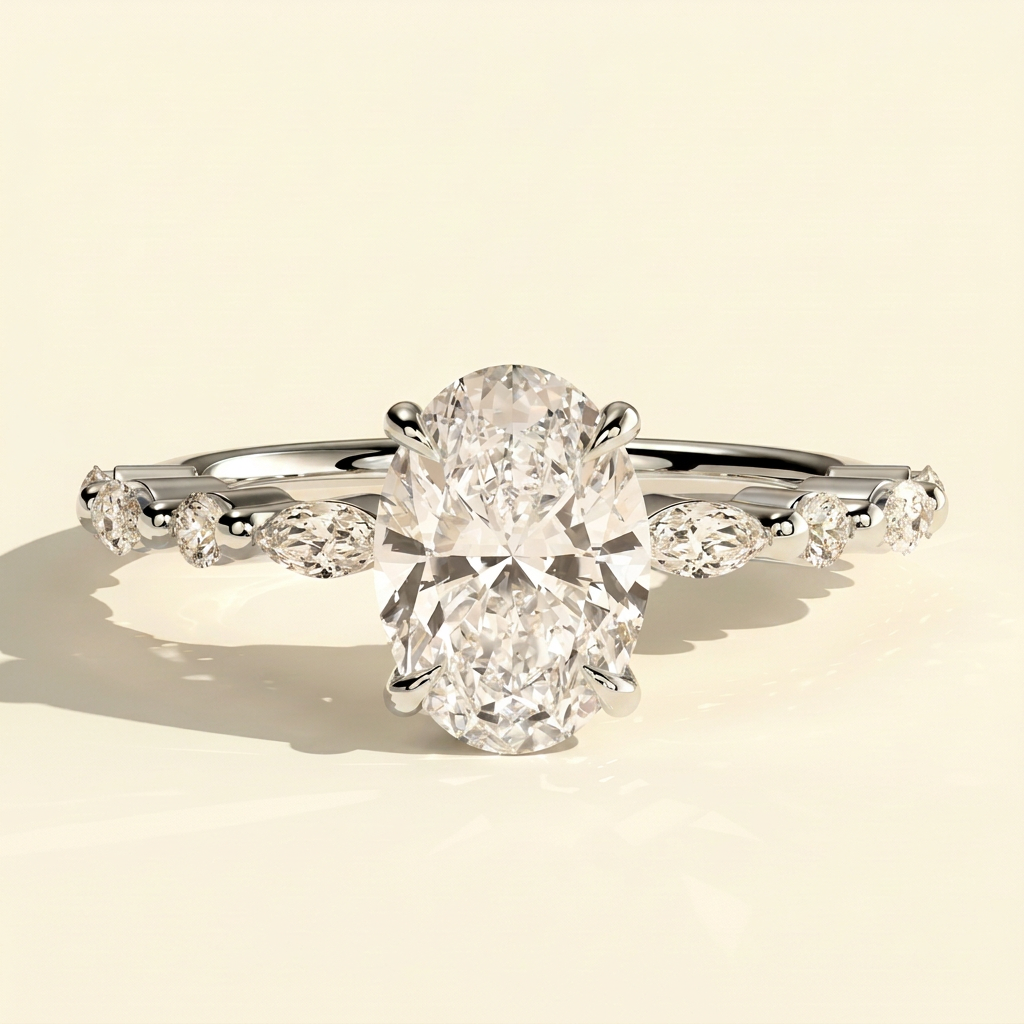 The Emira - Oval Cut Lab Grown Diamond Solitaire with Marquise and Round Accent Stones Ring