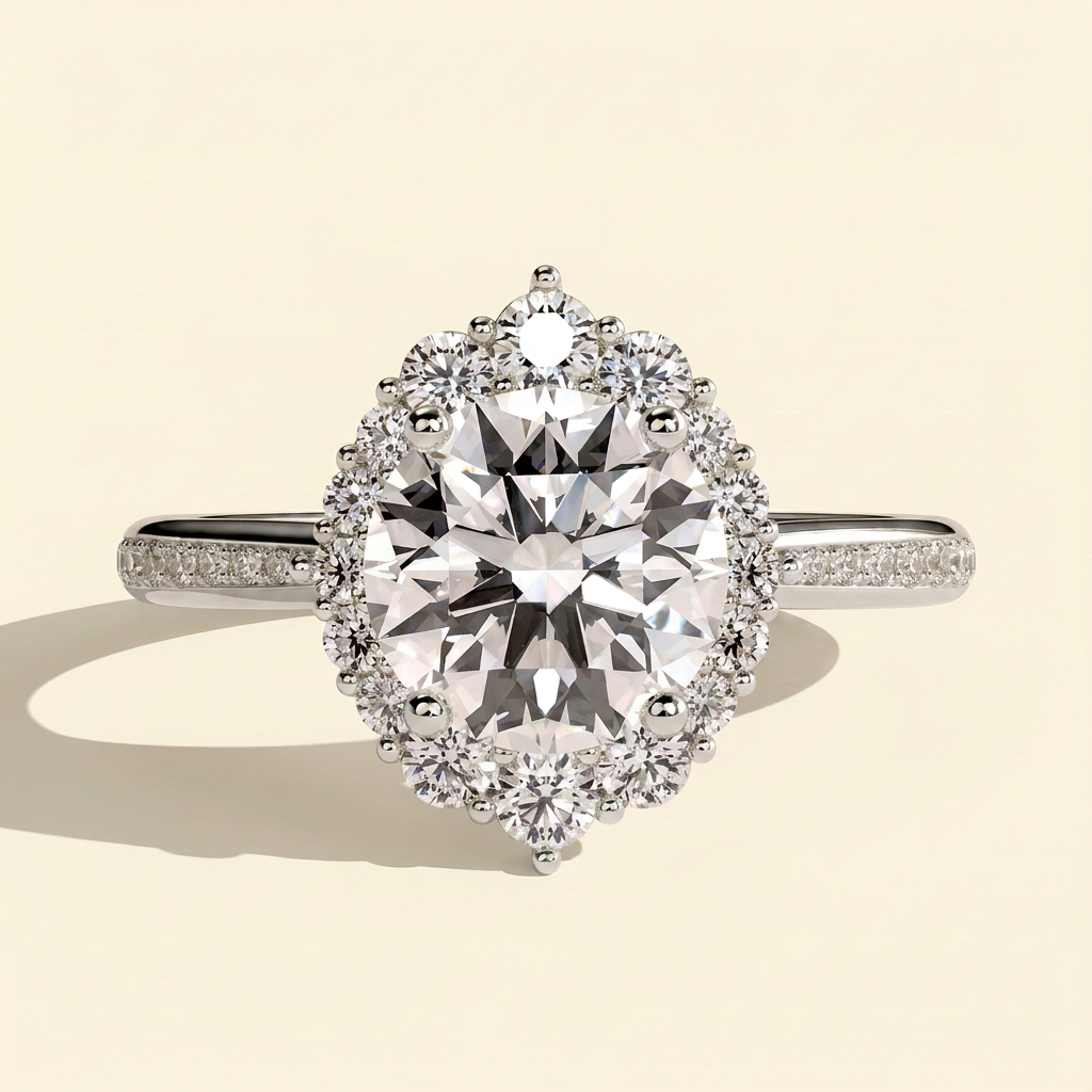 The Halia - Round Cut Lab Grown Diamond Vintage Halo Engagement Ring with Bead Set Micropave Band