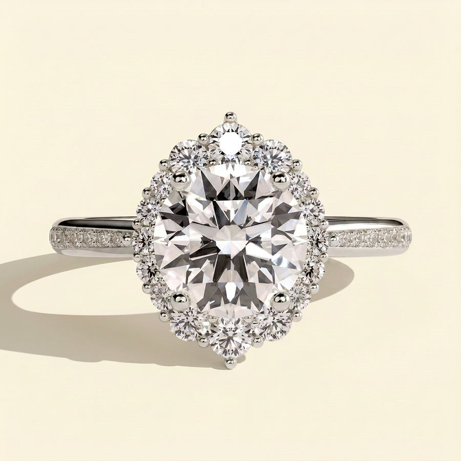 The Halia - Round Cut Lab Grown Diamond Vintage Halo Engagement Ring with Bead Set Micropave Band - White Gold