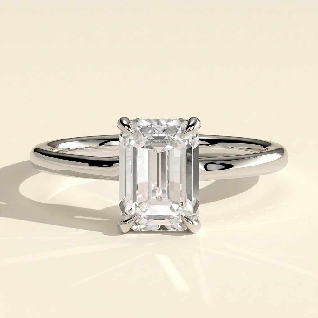 The Solera - Emerald Cut Lab Grown Diamond Low Set Solitaire with Hidden Halo and Open Bridge Engagement Ring