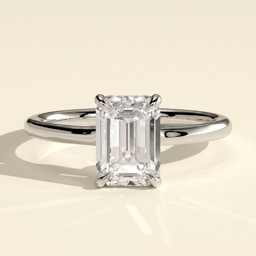 The Solera - Emerald Cut Lab Grown Diamond Low Set Solitaire with Hidden Halo and Open Bridge Engagement Ring - White Gold