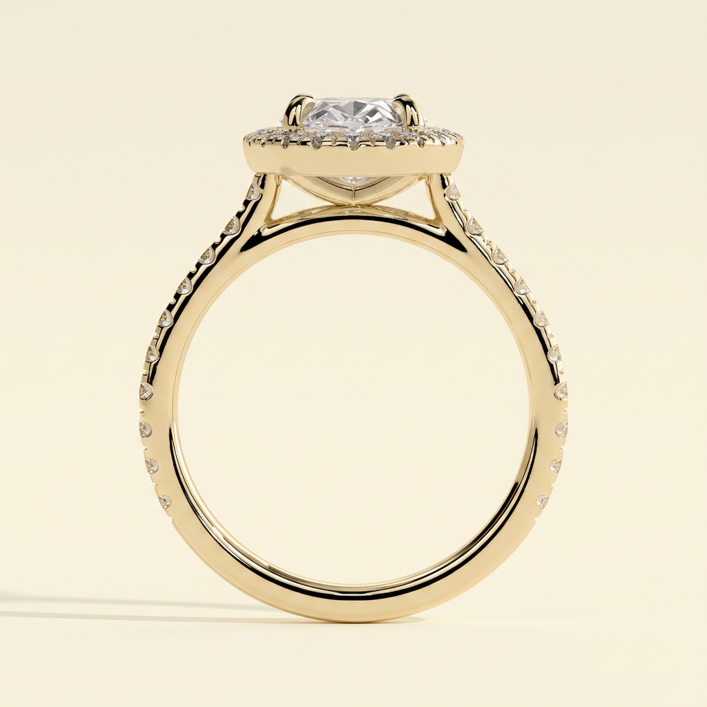 The Kavelle - Oval Cut Lab Grown Diamond Four Claw Halo Engagement Ring with Pave Band and Cathedral Setting