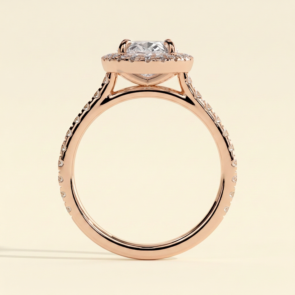 The Kavelle - Oval Cut Lab Grown Diamond Four Claw Halo Engagement Ring with Pave Band and Cathedral Setting
