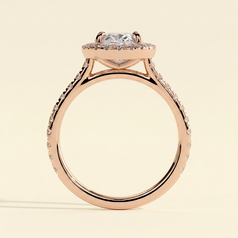 The Kavelle - Oval Cut Lab Grown Diamond Four Claw Halo Engagement Ring with Pave Band and Cathedral Setting - Rose Gold